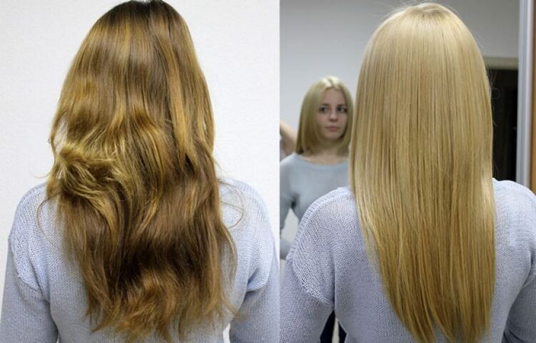 Vor und nach dem Bleichen und Färben der Haare.